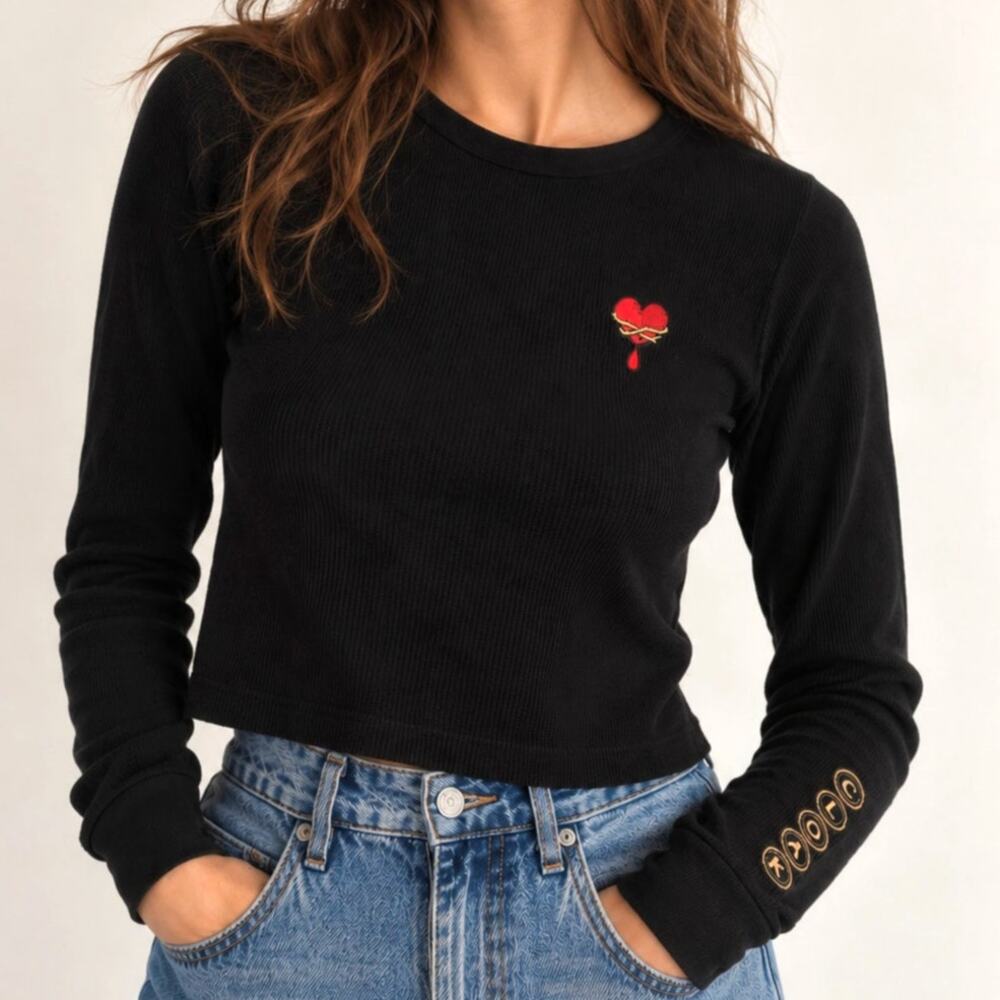 Cloak Blrand Cropped Waffle Knit Top Embroidered Heart Whimsigoth Grunge Large